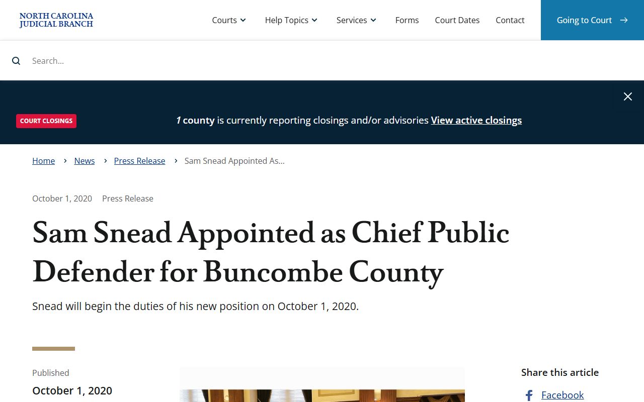 NC Judicial Branch press release naming Sam Snead as Buncombe County Chief Public Defender