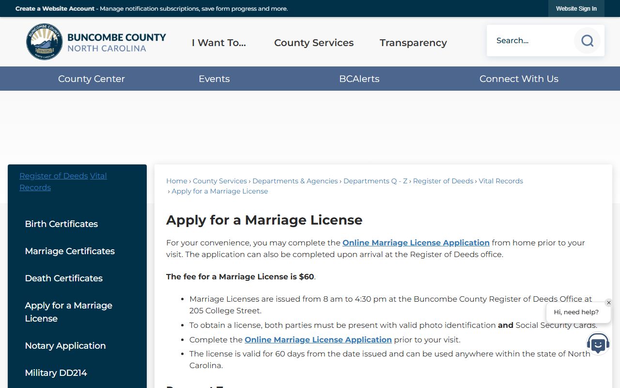 Buncombe County marriage license application page showing requirements and online pre-application link