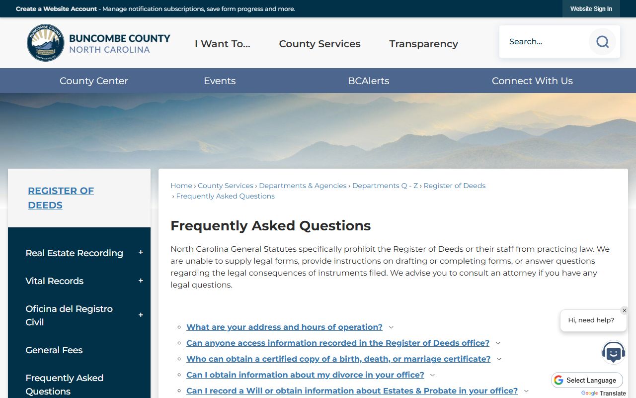 Buncombe County Register of Deeds FAQ page covering marriage license and vital records questions