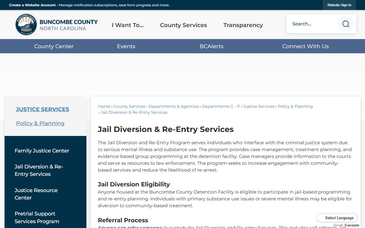 Buncombe County Jail Diversion and Re-Entry Services page for released inmate resources