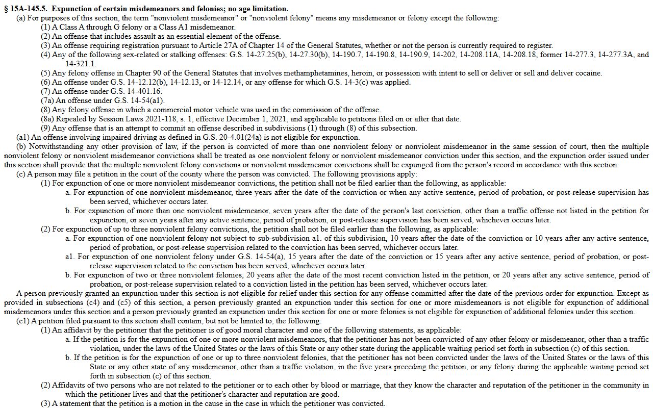 North Carolina expunction statute G.S. 15A-145.5 relevant to Buncombe County criminal records
