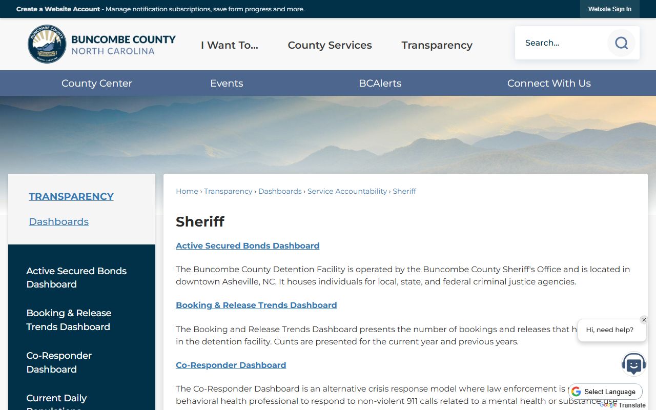 Buncombe County Sheriff transparency dashboard page showing jail population data links