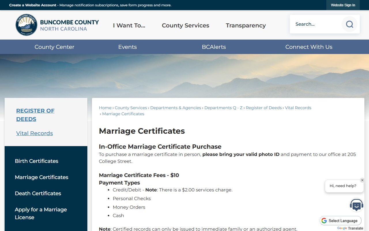 Buncombe County marriage certificates page showing in-person, online, and mail request options