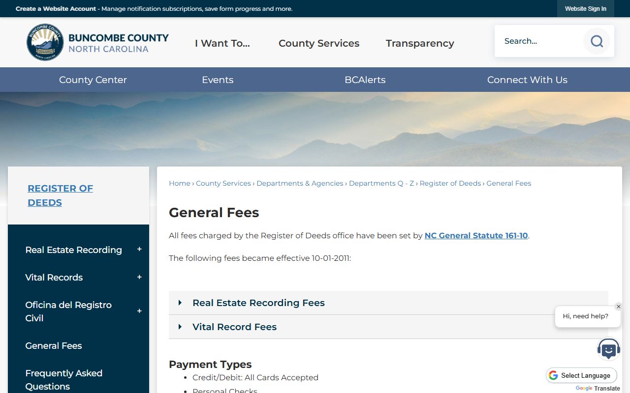 Buncombe County Register of Deeds general fees page showing marriage license and certificate copy fees