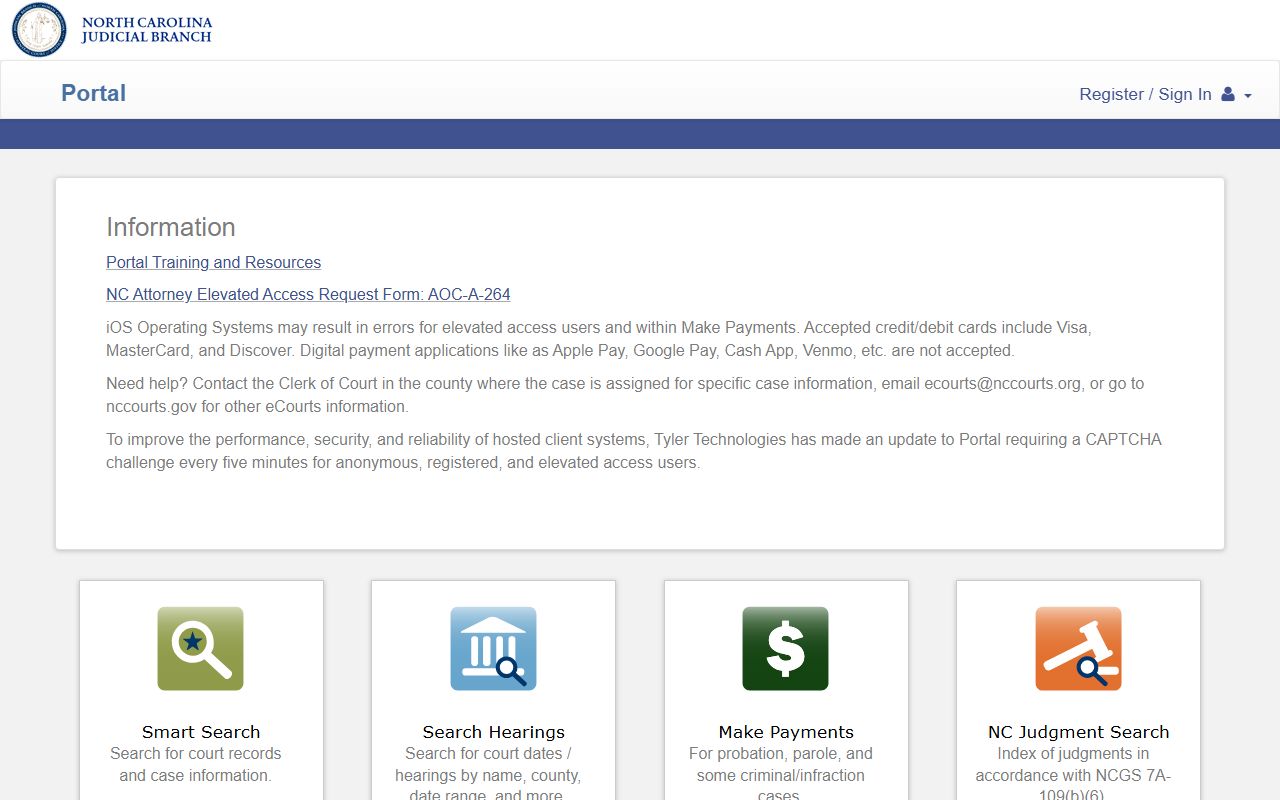 North Carolina eCourts Portal home page for Buncombe County court records search