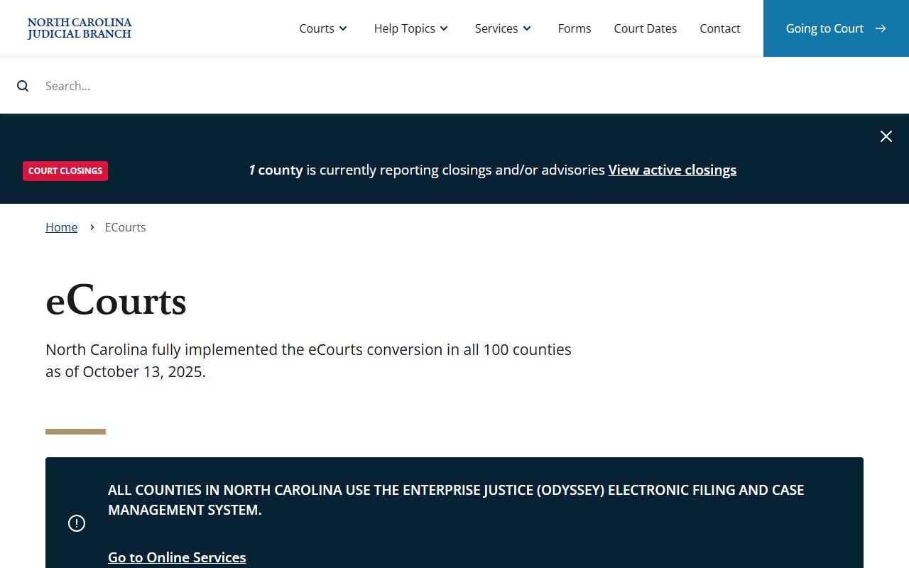 North Carolina eCourts page showing hearing search and docket tools for Buncombe County
