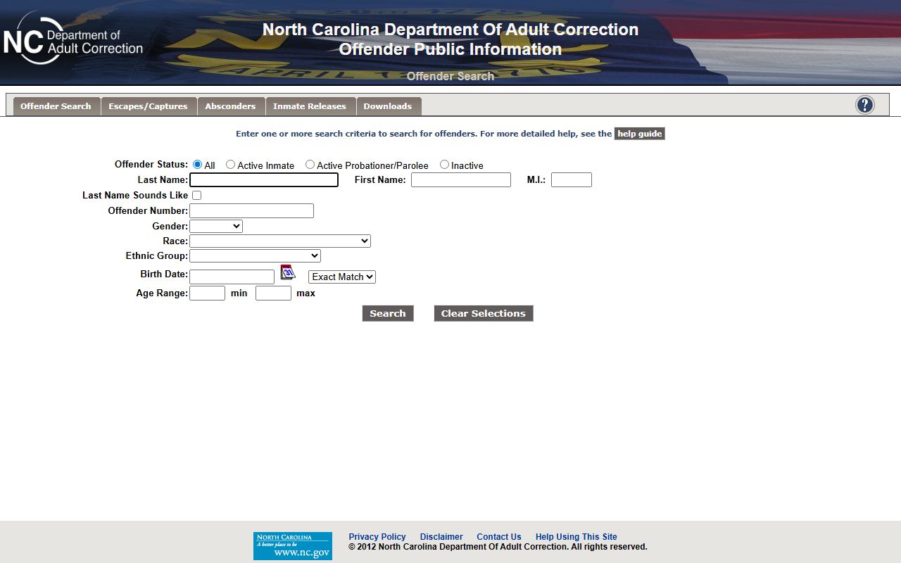 Buncombe County NC DAC Offender Public Information search portal for released inmates