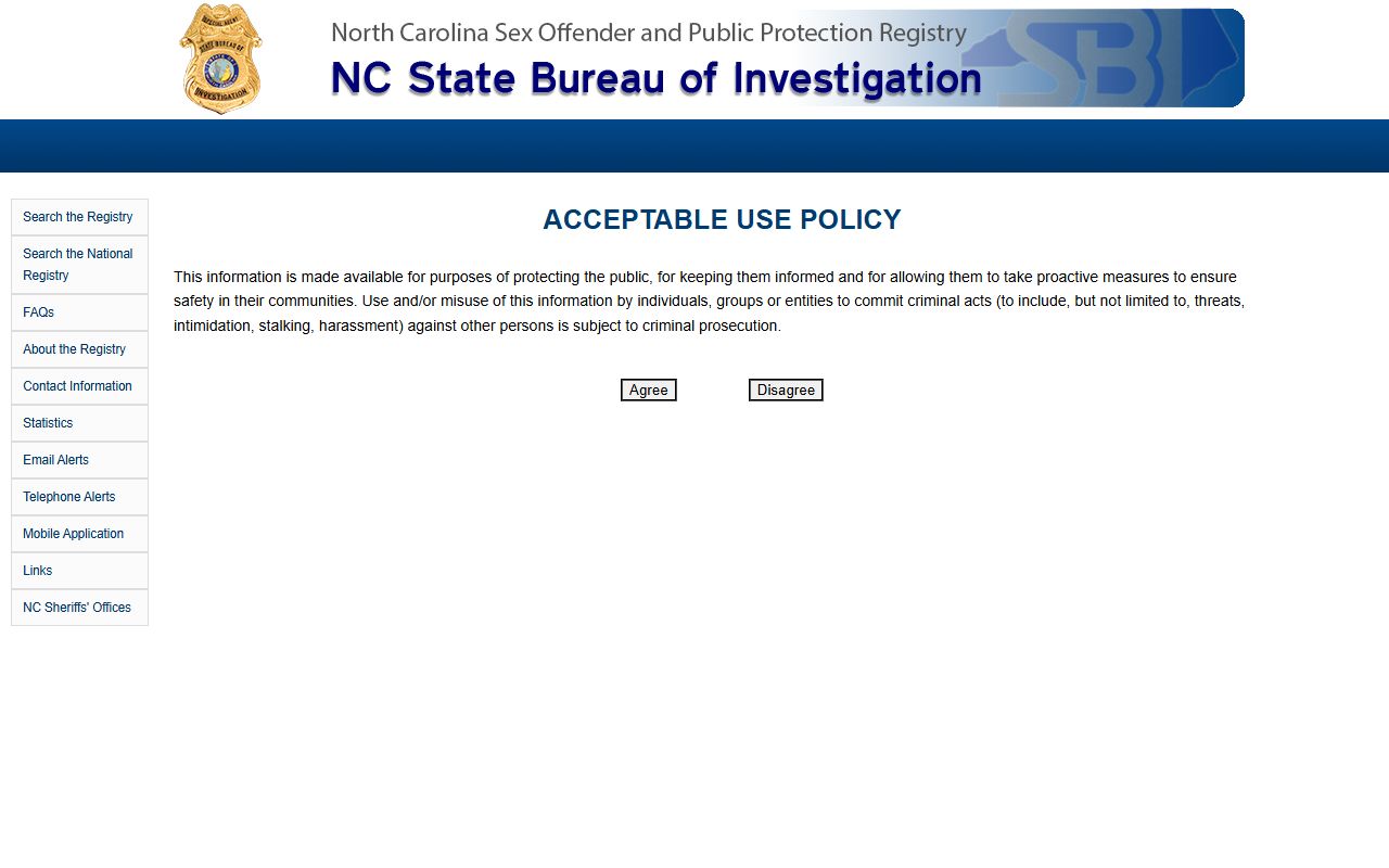 Buncombe County NC SBI Sex Offender Registry search page for released inmates
