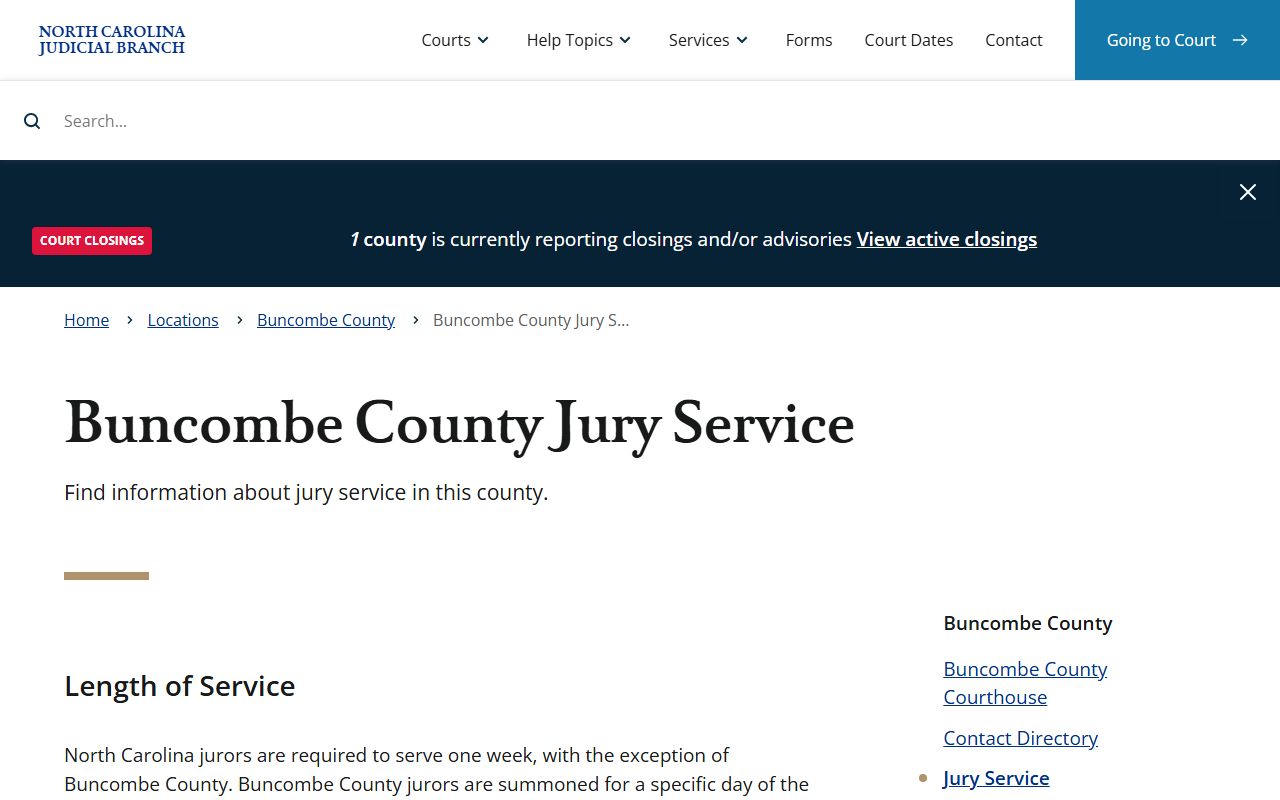 Buncombe County jury service page with court calendar information for docket tracking