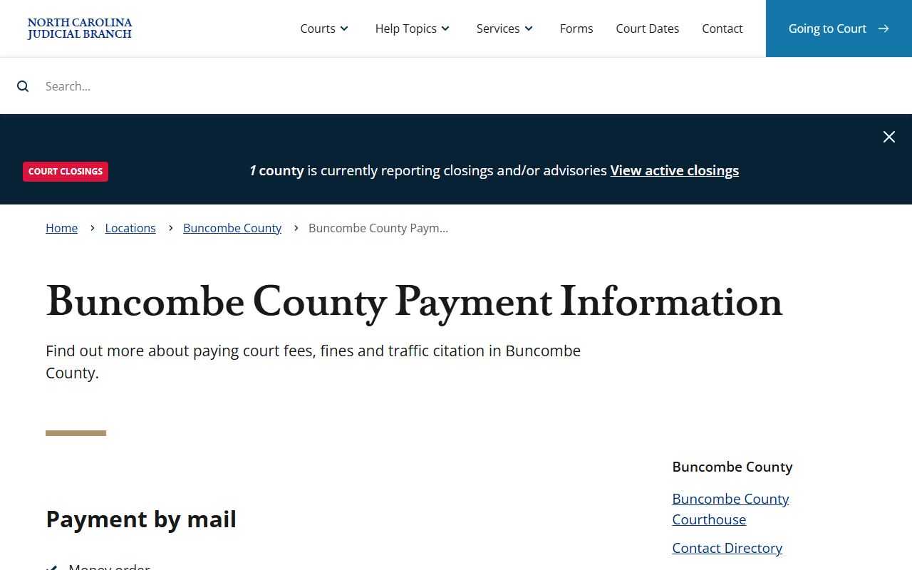 Buncombe County court payment information page for traffic court records