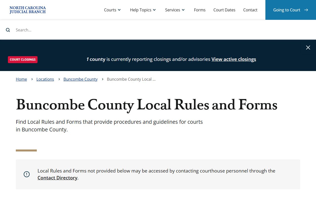 Buncombe County local rules and forms page for court docket procedures