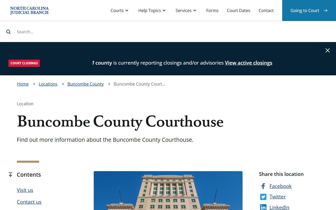 Official Buncombe County Courthouse page with address and hours for court records